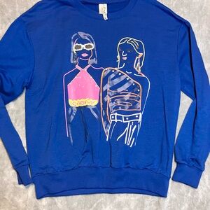 Mengsi Two Girls Textured Studded Blue Graphic Sweatshirt Unique Large
